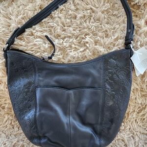 The Sak Sequoia Black Leather Hobo Bag with Embossed Detailing